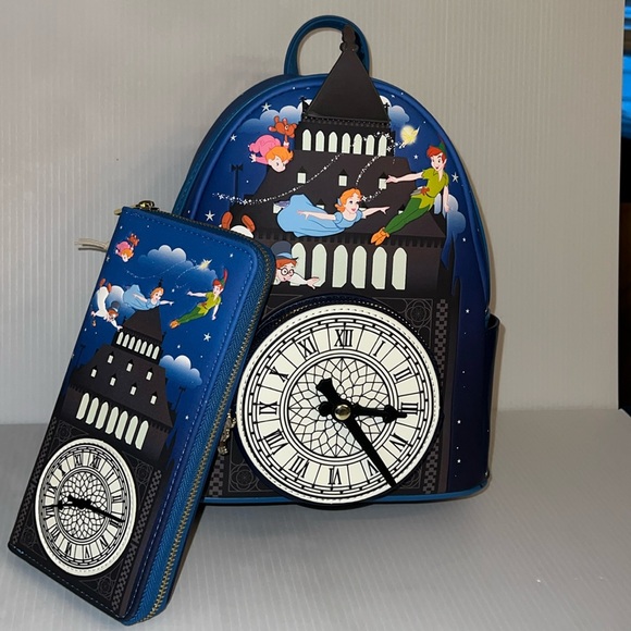 Loungefly Peter Pan Neverland Flight Clock Tower Disney Mini Backpack & Wallet - Picture 1 of 13